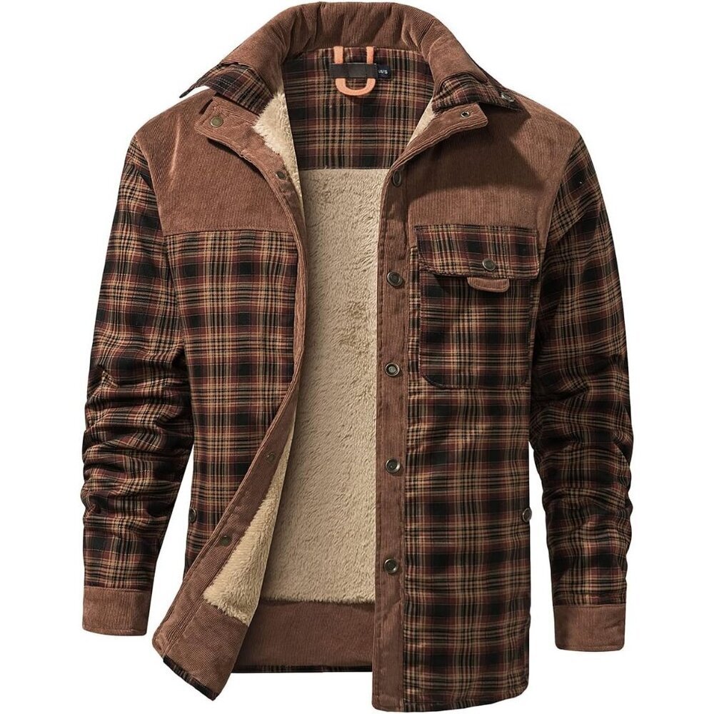 Men's Red Coffee Long Sleeve Sherpa Lined Flannel Shirt Jacket Fleeces